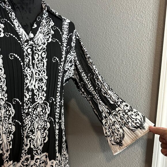 Blouse Womens Large Baroque Black White Pleated Bell Sleeve Button Up Retro Chic - Picture 3 of 8
